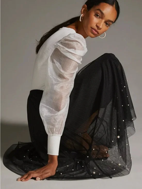 ANTHROPOLOGIE DOLAN SHEER PUFF SLEEVE BLOUSE RIB SWEATER TOP WHITE Size Large - Picture 4 of 10